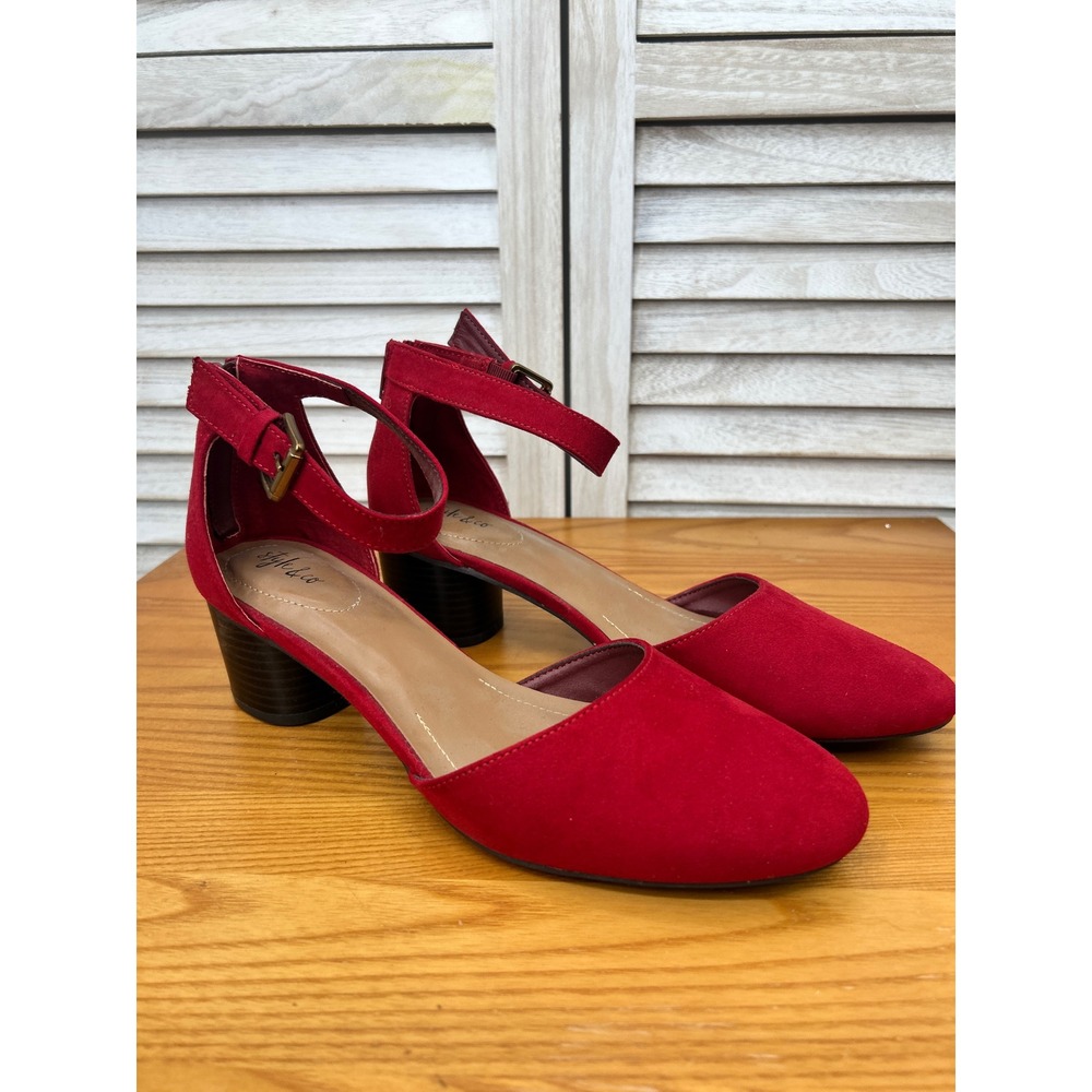 Style & Co Ankle Strap Heels 10 Red Women Faux Suede Block Heel